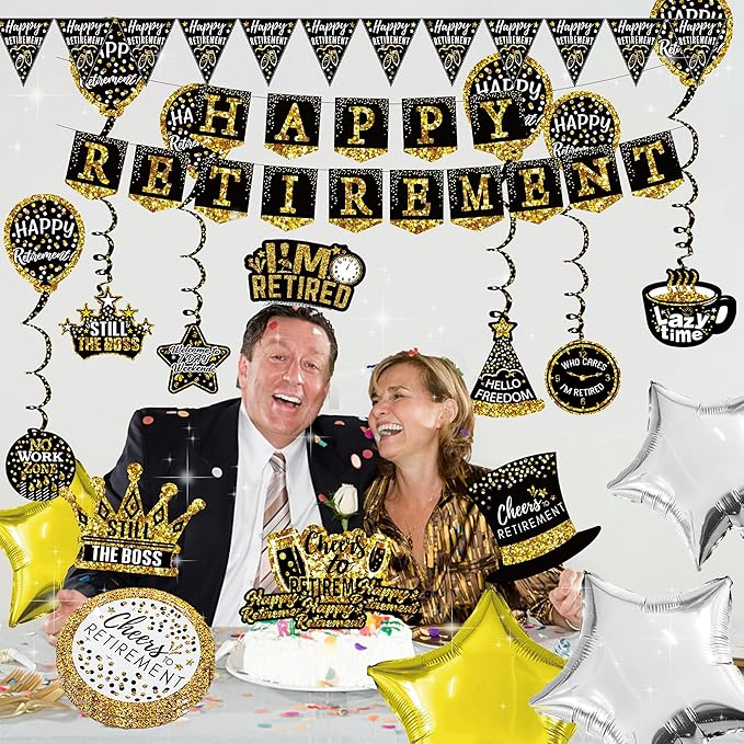 Happy Retirement Party Decorations supplies 80pack black gold party