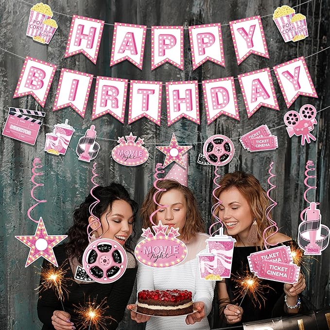 Pink Movie Night Party Decorations Kit 2pcs Popcorn Camera & Film