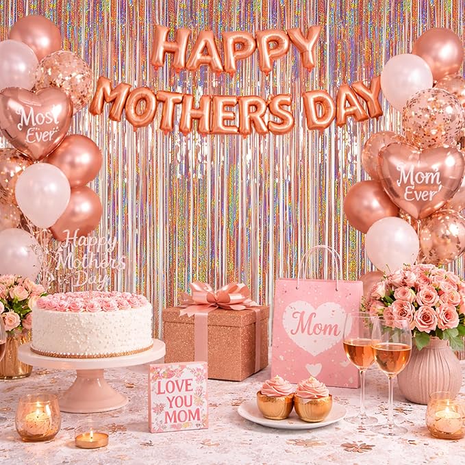 Photo Backdrop for Mothers Day Decorations, Melsan Rose Gold Tinsel