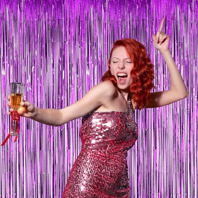 Voircoloria 3 Pack 3.3x8.2 Feet Purple Foil Fringe Backdrop Curtains,