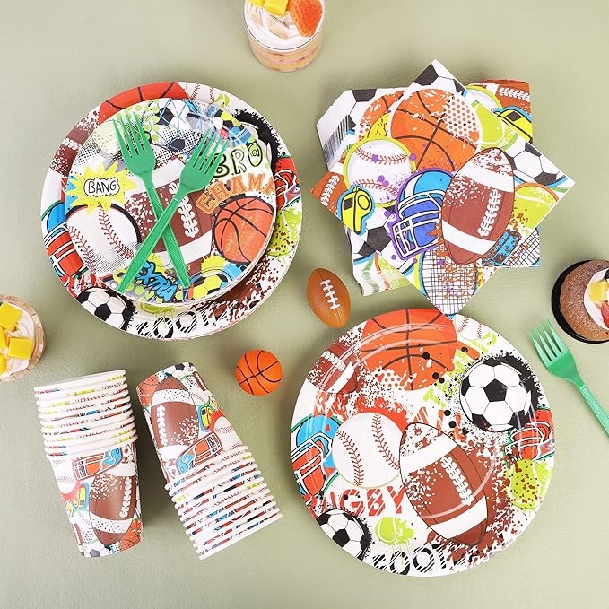 144 Pieces Sports Themed Paper Plates and Napkins Dinnerware Set