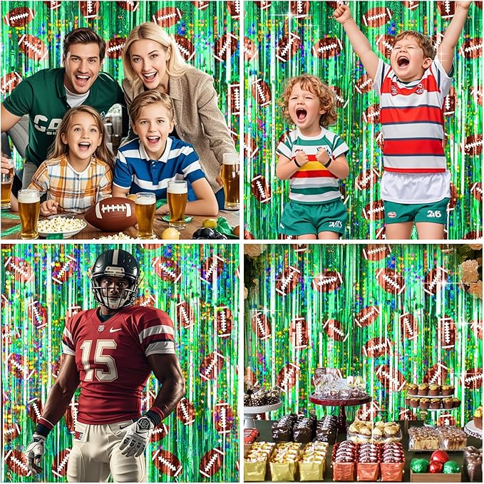 2 Packs Football Foil Fringe Curtain, Green Glitter Metallic Tinsel