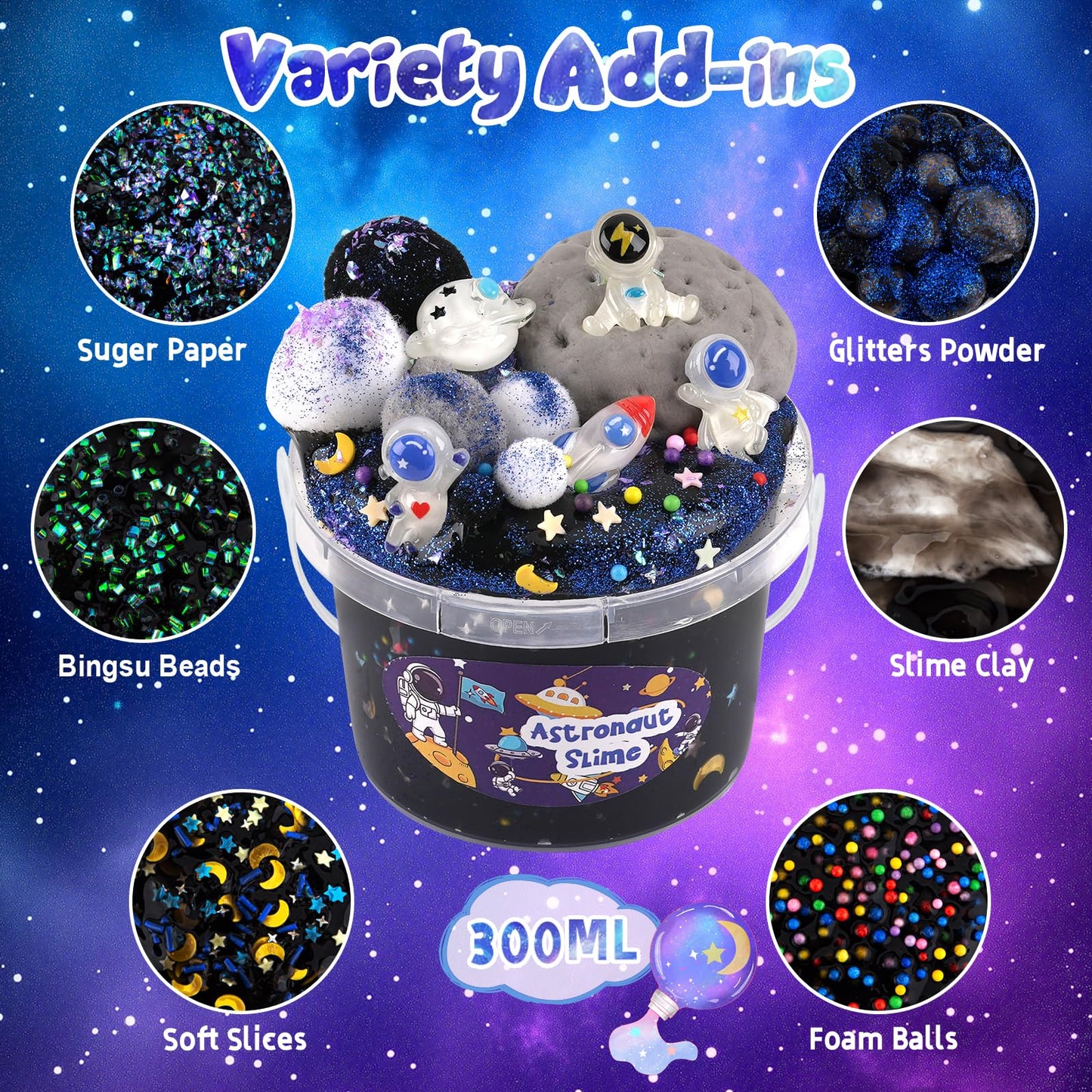 Astronaut Galaxy Slime for Kids, Big Slime Bucket with Clay, Glow in
