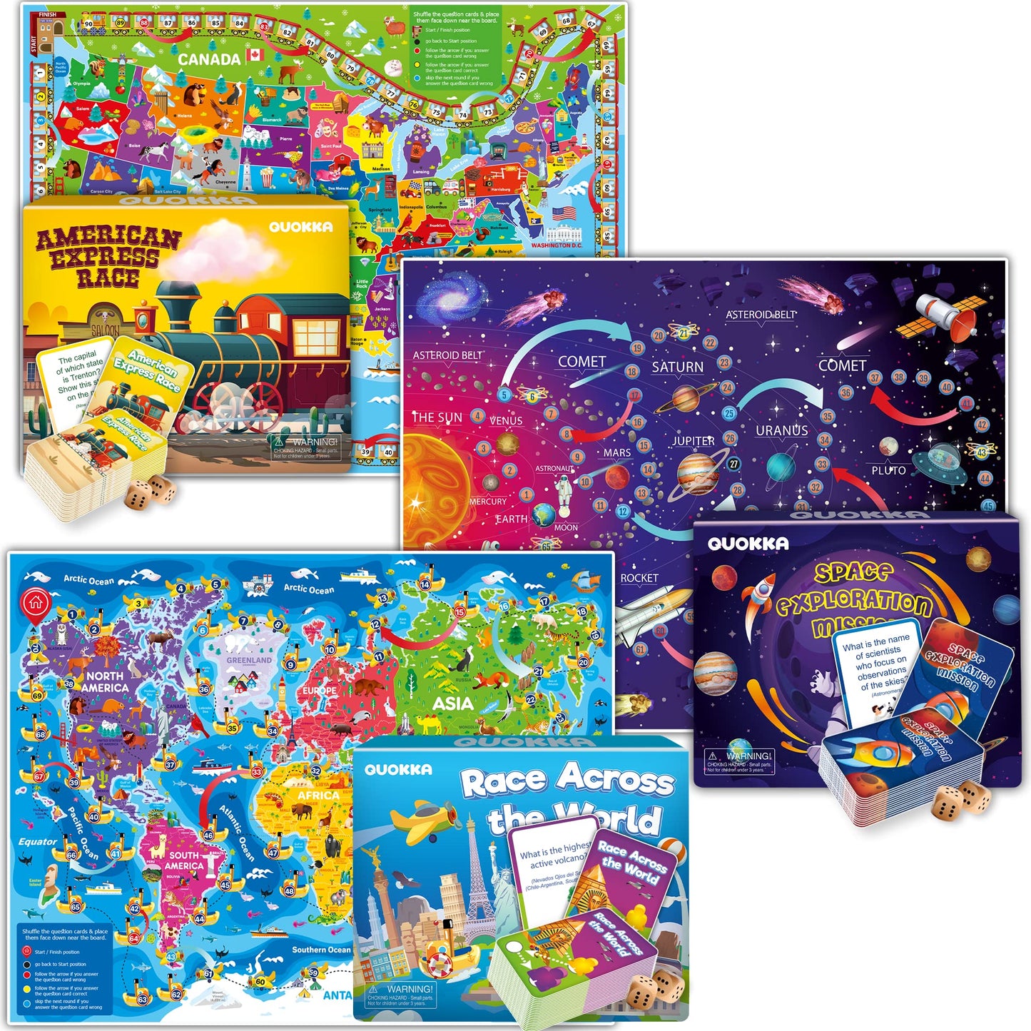QUOKKA 3X Set Learning Board Games for Kids 8-12 - Educational Trivia