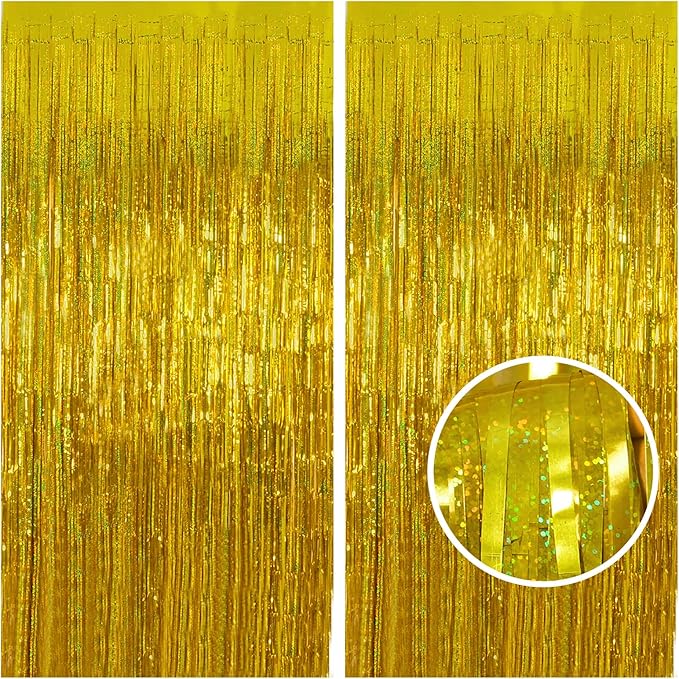 Gold Tinsel Curtain Backdrop – Melsan 2 Pack 3.2 ft x 8 ft Metallic