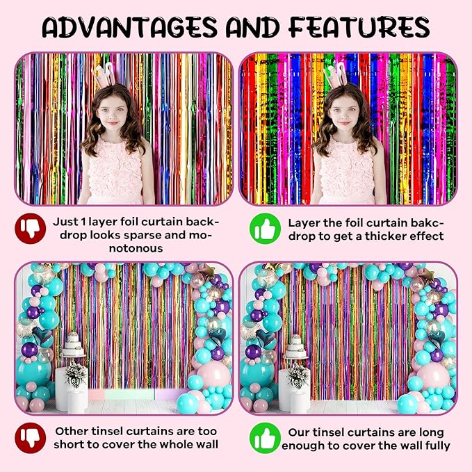 Voircoloria 2 Pack 3.3x8.2 Feet Rainbow Foil Fringe Backdrop