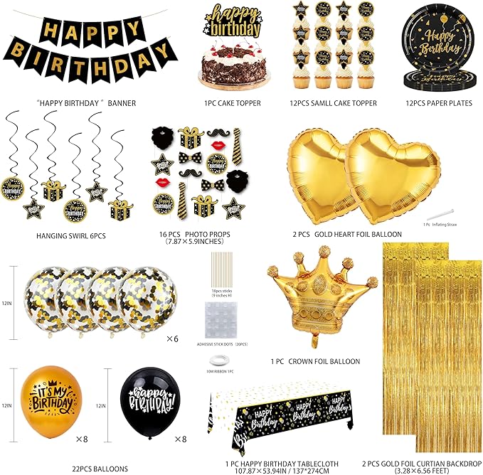Black and Gold Birthday Decorations Party Supplies Kit with