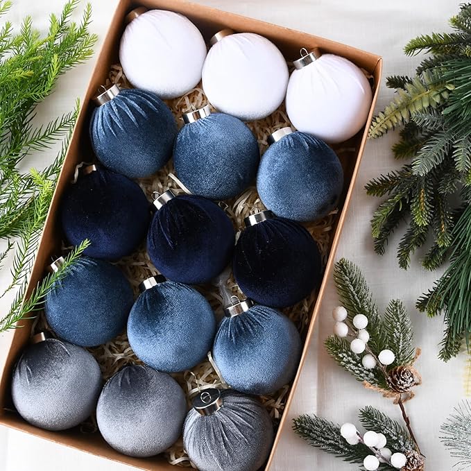 Velvet Christmas Ornaments Balls for Tree - 15pcs Blue Shatterproof