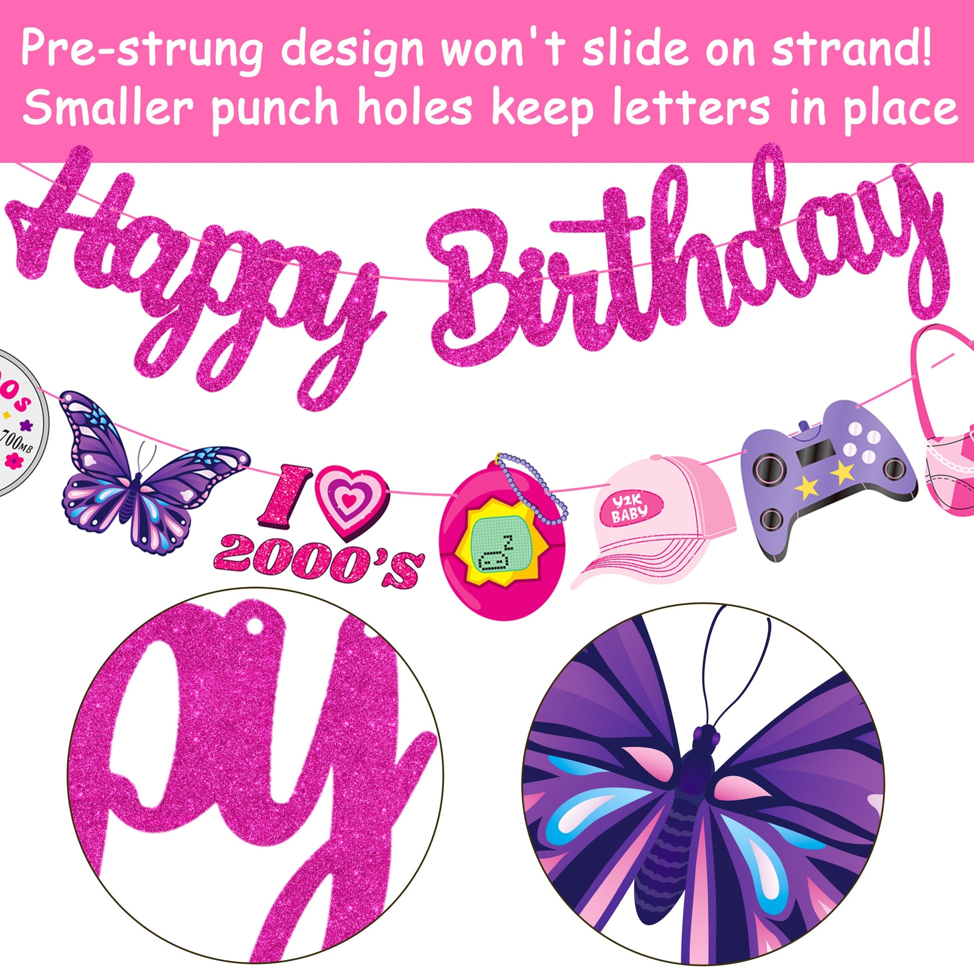 3pcs Y2K Birthday Party Banners 2000s Pink Birthday Party Decorations