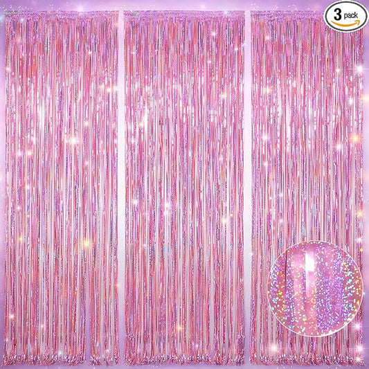 Melsan Pink Foil Fringe Curtain Easter Decorations for Home – 3 Pack
