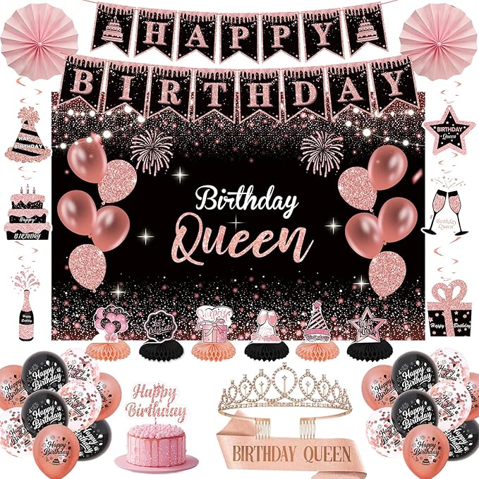 Rose Gold Birthday Decorations for Women 37Pcs Happy Queen Party Kit