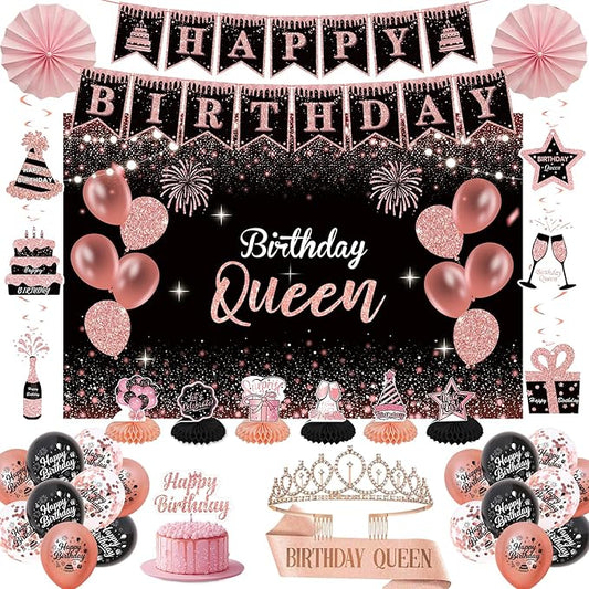Rose Gold Birthday Decorations for Women 37Pcs Happy Queen Party Kit