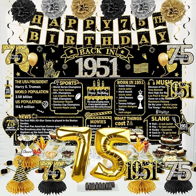 75th Birthday Decorations for Men Women 21pcs the Year 1951 Banner