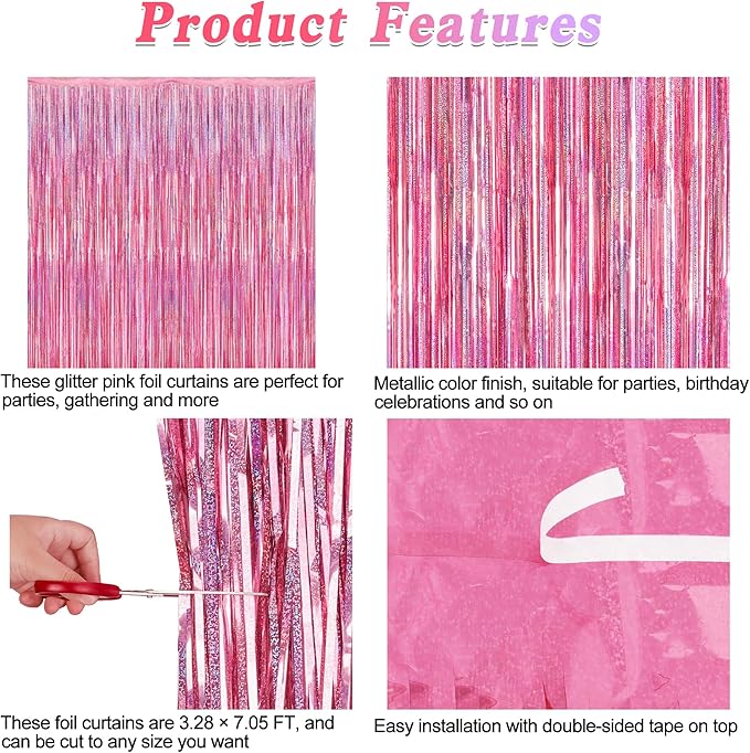 12 Pack Pink Backdrop, 3.28 FT x 7.05 FT Foil Streamers, Metallic