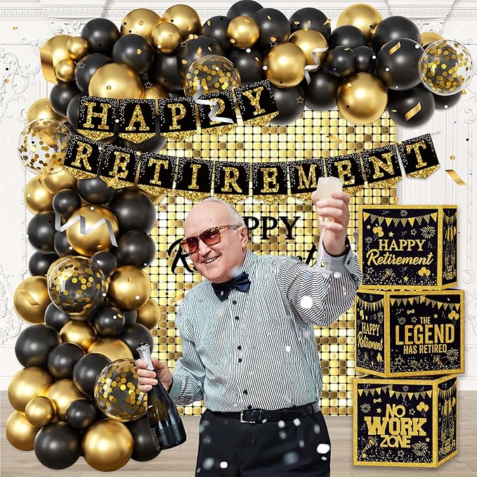 Happy Retirement Party Decorations Kit for Men Women Black Gold