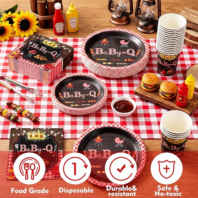 200 Pcs BBQ Baby Shower Paper Plates Cups Napkins Party Supplies