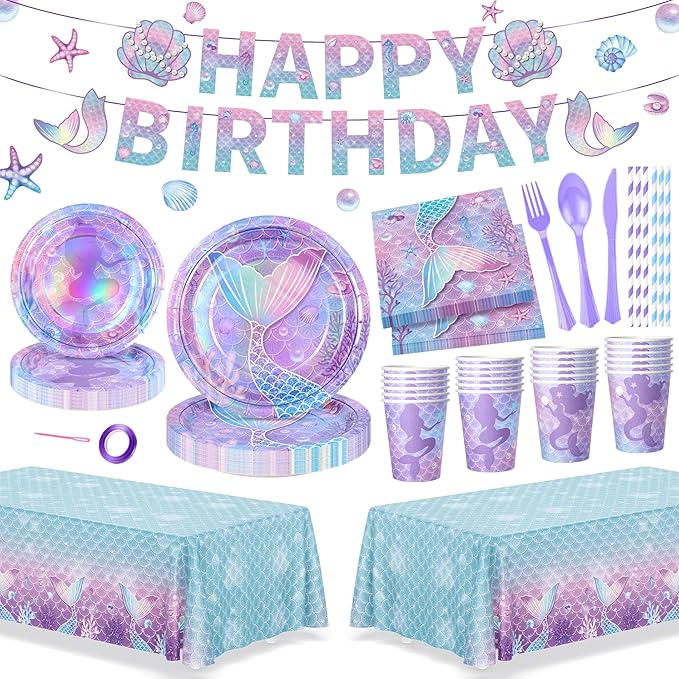 195Pcs Mermaid Birthday Party Decorations with Happy Birthday Banner