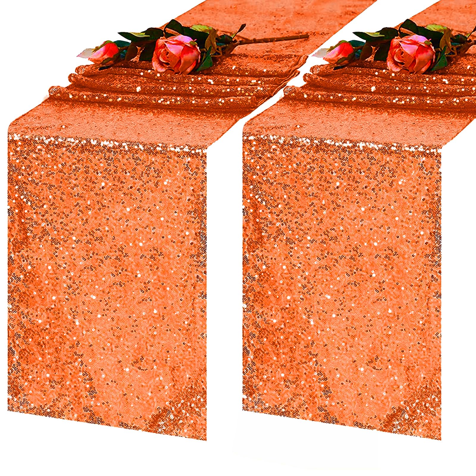 TCBESTO 2 Pack Orange Sequin Table Runner 12 x 72 Inch - High Density