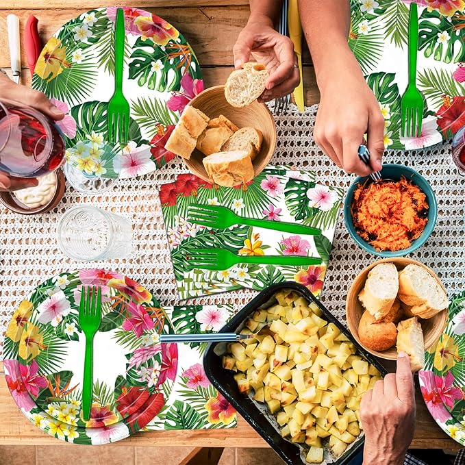 100 Pcs Tropical Luau Party Supplies Set Serves 25 Disposable
