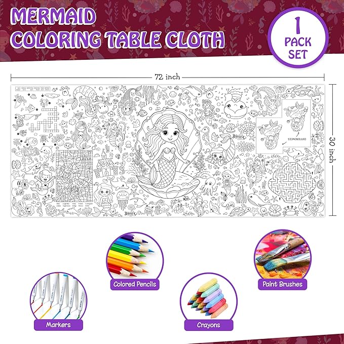 Mermaid Coloring Tablecloth for Kids 30x72 Inch Poster with Mermaids