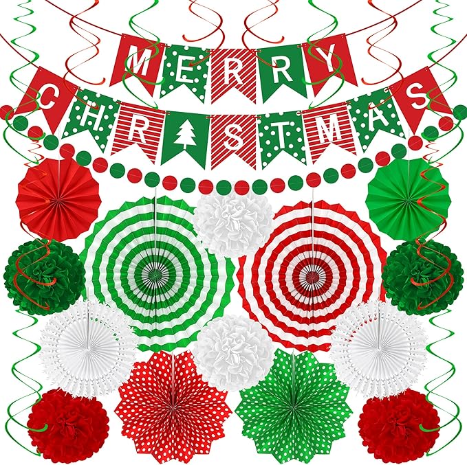 28PCS Christmas Decorations Christmas Banner Paper Fans Set Red