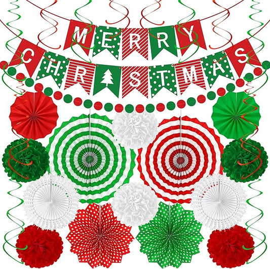 28PCS Christmas Decorations Christmas Banner Paper Fans Set Red