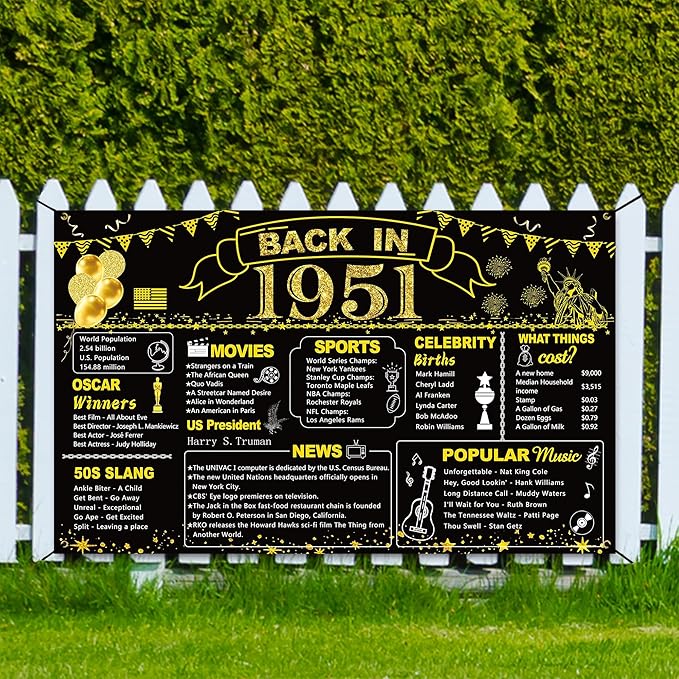 DARUNAXY 75th Birthday Black Gold Party Decoration, Back in 1951