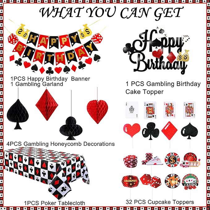 58pcs Casino Poker Party Decorations Poker Theme Birthday Banner