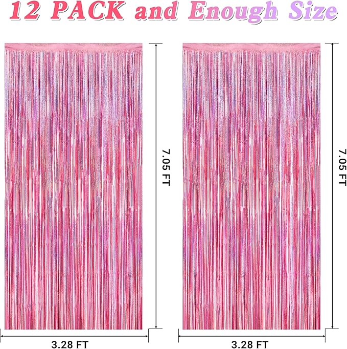 12 Pack Pink Backdrop, 3.28 FT x 7.05 FT Foil Streamers, Metallic