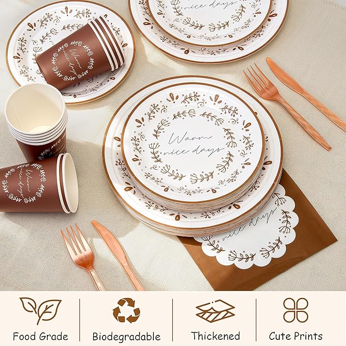 144Pcs Boho Birthday Party Supplies Decorations Brown Flower Paper