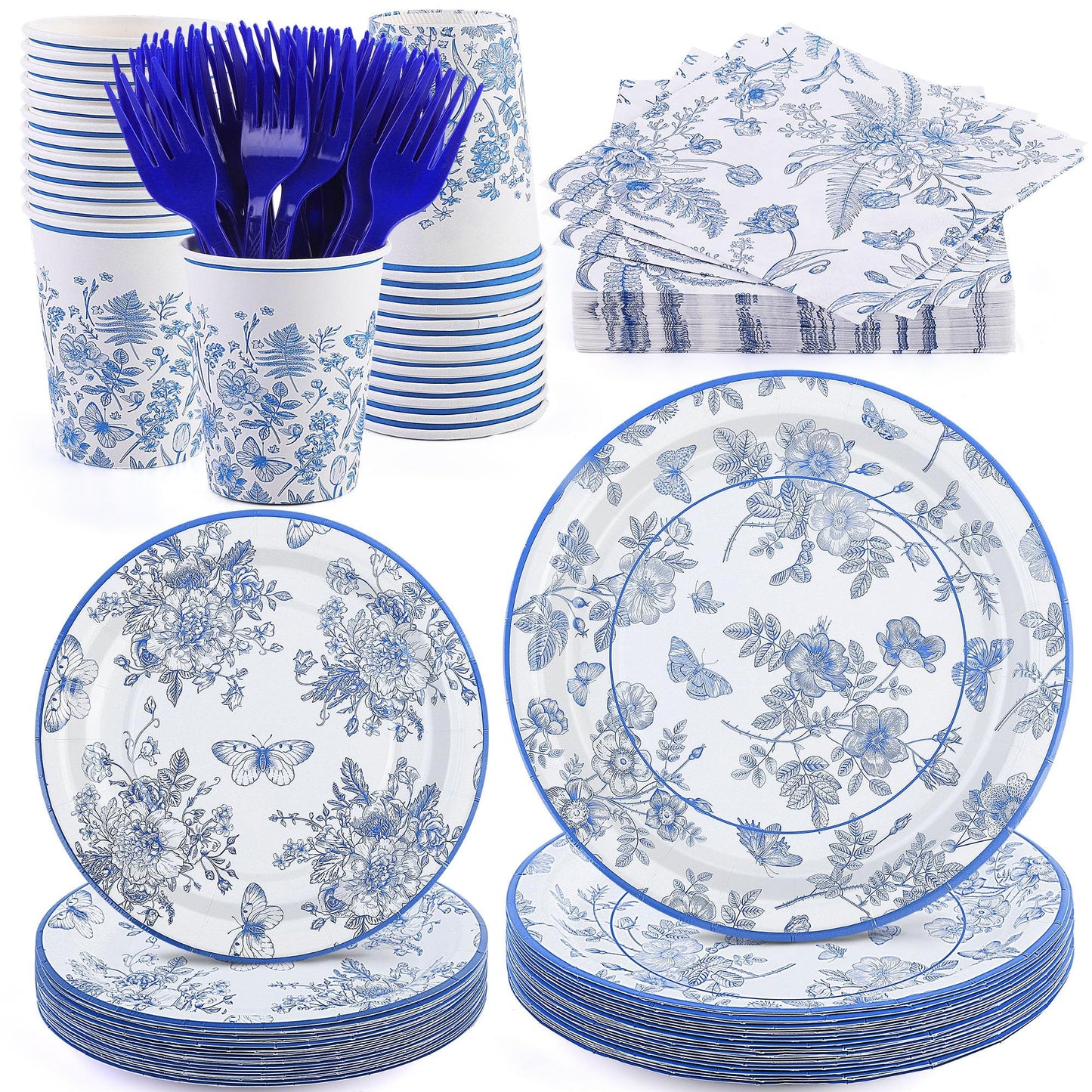 durony 144 Pieces Blue and White Flower Disposable Tableware Set 9