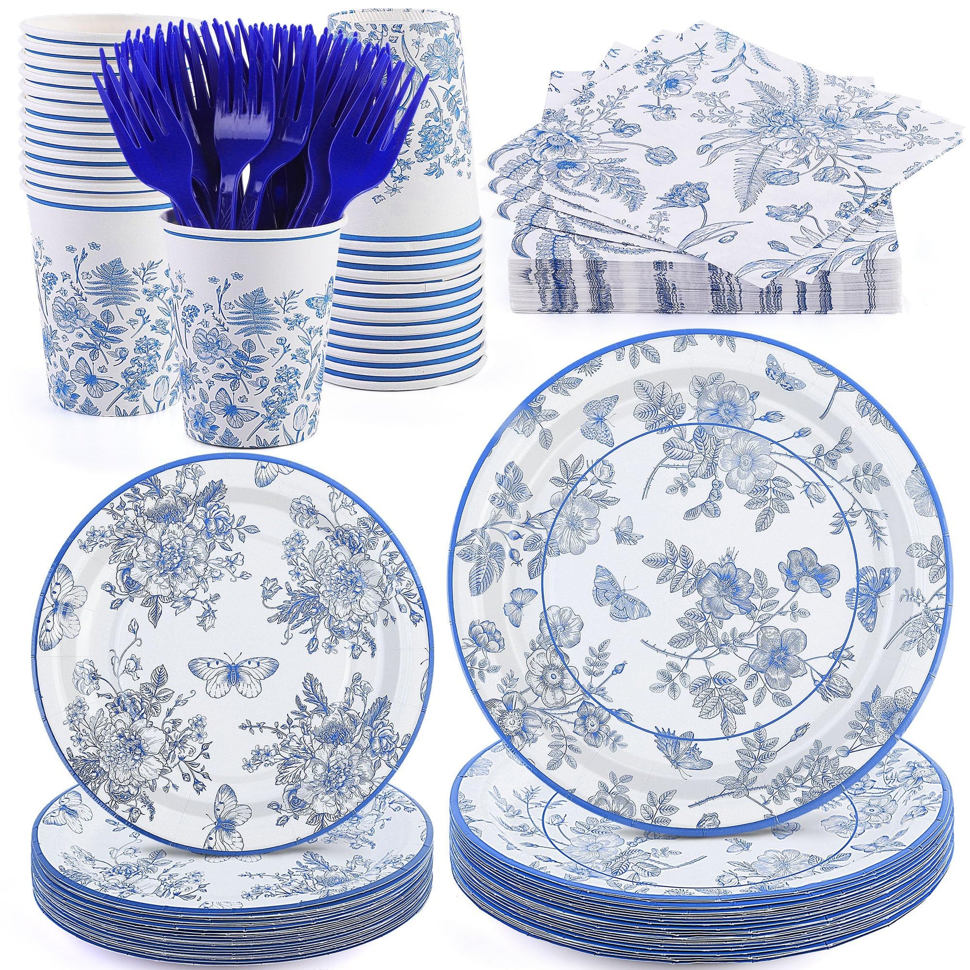 durony 144 Pieces Blue and White Flower Disposable Tableware Set 9
