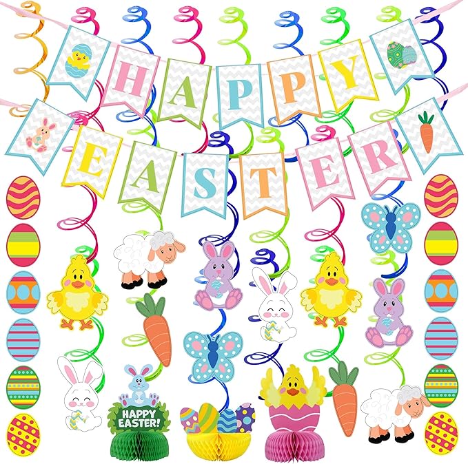31 PCS Easter Decorations Spring Decor Egg Bunny Foil Swirl Party