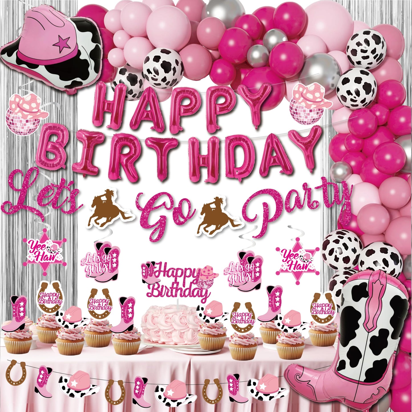 Disco Cowgirl Birthday Party Decorations - 105PCS Pink Decorations