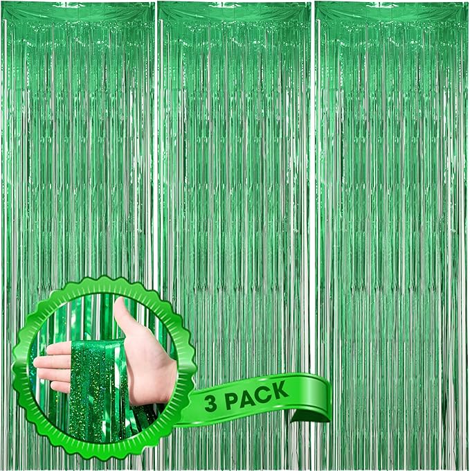 Voircoloria 3 Pack 3.3 x 8.2 ft Laser Green Foil Fringe Backdrop