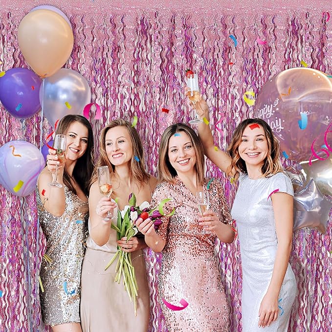 Pink Tinsel Foil Fringe Curtains Wavy Backdrop for Parties Sparkle