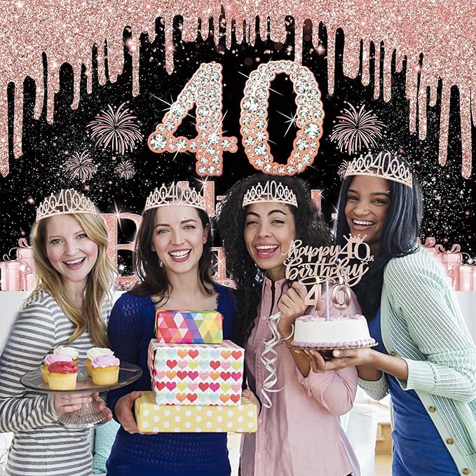 40th Birthday Decorations for Women with Banner Rose Gold Tablecloth