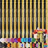 Black Gold Metallic Tinsel Foil Fringe Curtains, 4 Pack 3.3x8.3 Feet