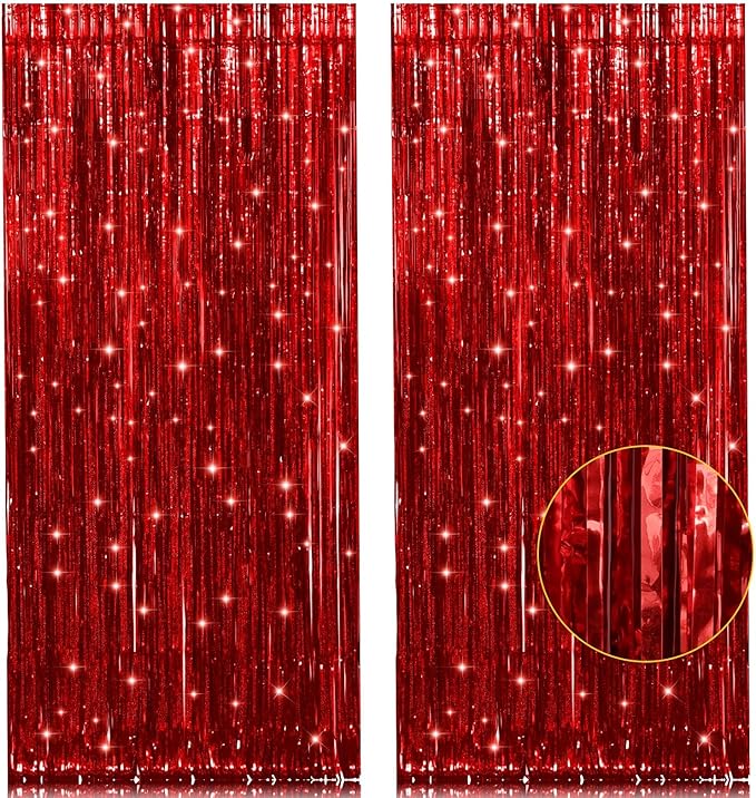 2 Pack Red Metallic Tinsel Foil Fringe Curtain, 3.2Ft x 8.2Ft Tinsel