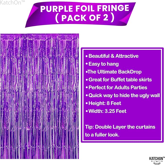 KatchOn, Metallic Purple Foil Fringe Curtain 3.2x8 Ft, Pack of 2 |