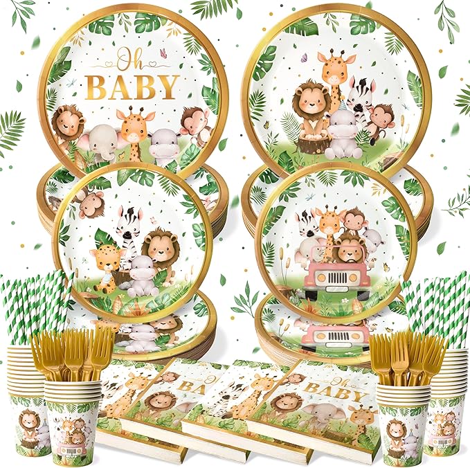 144 Pcs Safari Baby Shower Plates and Napkins Serves 24 Guests