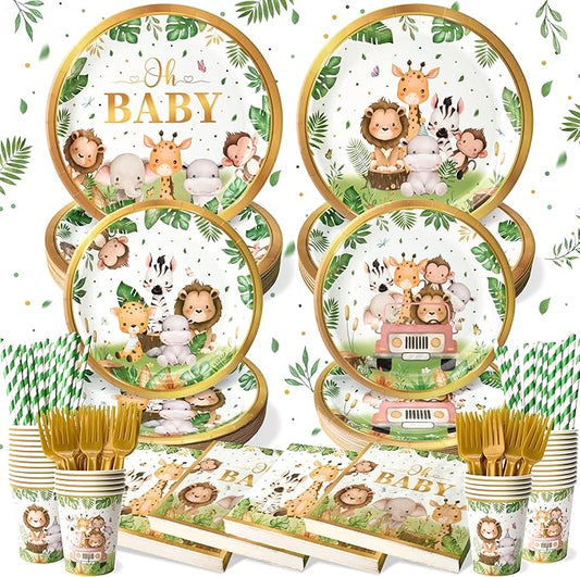 144 Pcs Safari Baby Shower Plates and Napkins Serves 24 Guests