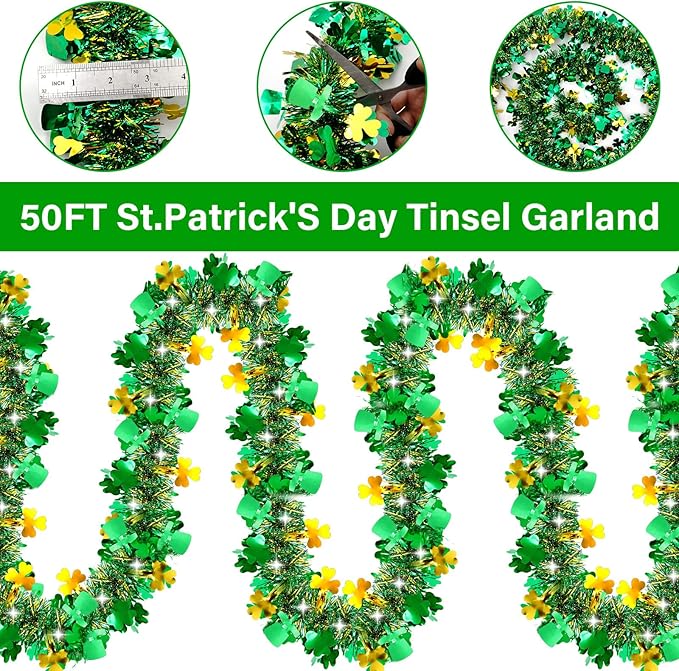 50FT St Patrick's Day Tinsel Garland Green Gold Shamrock Hat Tinsel
