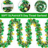 50FT St Patrick's Day Tinsel Garland Green Gold Shamrock Hat Tinsel