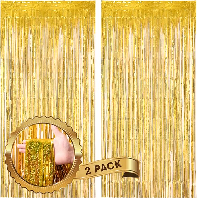 Voircoloria 2 Pack Laser Gold Foil Fringe Backdrop Curtains, Tinsel