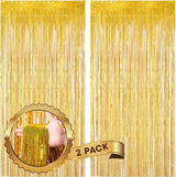 Voircoloria 2 Pack Laser Gold Foil Fringe Backdrop Curtains, Tinsel