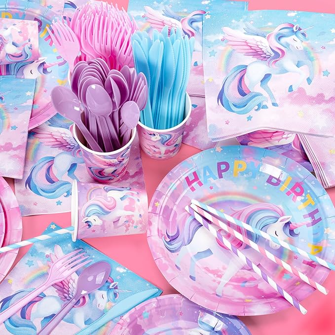 195Pcs Unicorn Birthday Party Supplies with Plates Cups Napkins