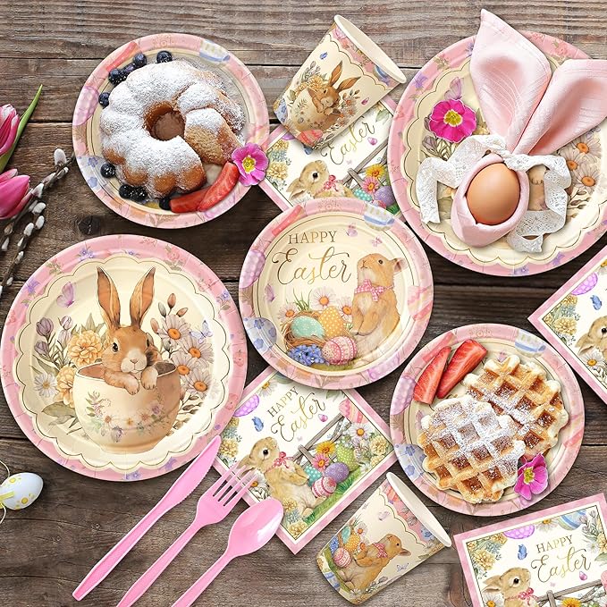 168PCS Happy Easter Party Supplies, Bunny and Eggs Paper Plates
