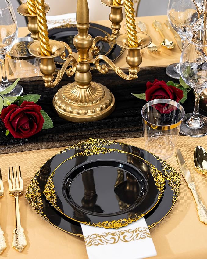 Nervure 350PCS Black Plastic Plates - Black Plastic Dinnerware Sets