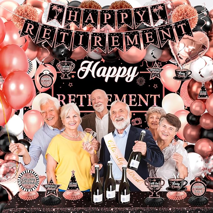Retirement Party Decorations for Women 109Pcs Rose Gold Black Happy